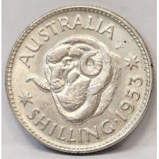 AUSTRALIA 1953 . ONE 1 SHILLING . VARIETY . DOTS IN HORN